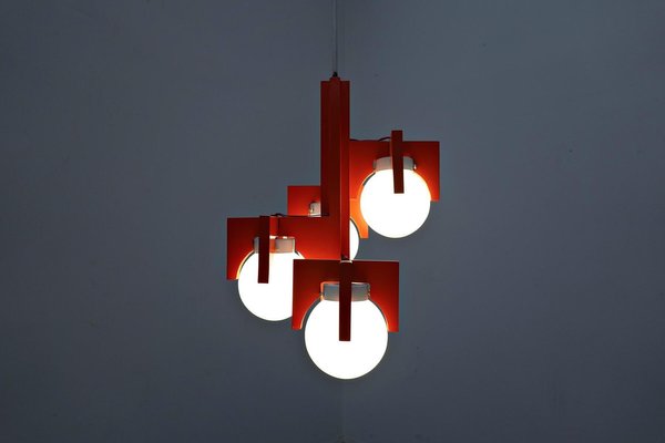 Mid-Century Italian Red Lacquered Wood and Opaline Suspension Light, 1970s-FGA-1147497