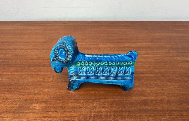 Mid-Century Italian Rimini Blu Pottery Ram Figurine attributed to Aldo Londi for Bitossi, 1960s-UAH-2020646