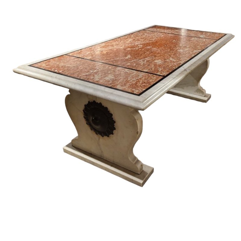 Mid-Century Italian Rosso De Verona Marble Dining Table with Bronze Medallions