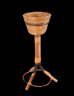 Mid-Century Italian Round Bamboo Cane and Rattan Plant Holder, 1950s-JDR-1323642