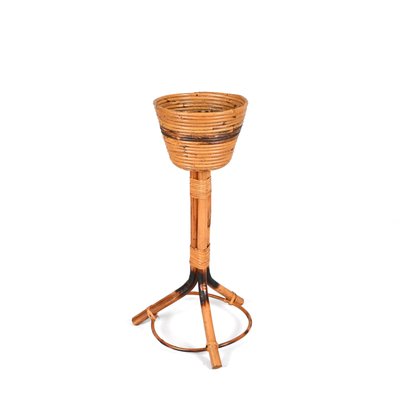 Mid-Century Italian Round Bamboo Cane and Rattan Plant Holder, 1950s-JDR-1323642