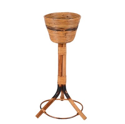 Mid-Century Italian Round Bamboo Cane and Rattan Plant Holder, 1950s-JDR-1323642