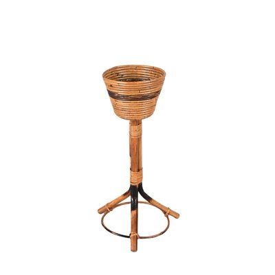 Mid-Century Italian Round Bamboo Cane and Rattan Plant Holder, 1950s-JDR-1323642