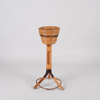 Mid-Century Italian Round Bamboo Cane and Rattan Plant Holder, 1950s-JDR-1323642