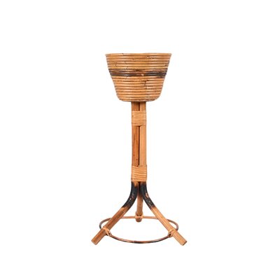 Mid-Century Italian Round Bamboo Cane and Rattan Plant Holder, 1950s-JDR-1323642