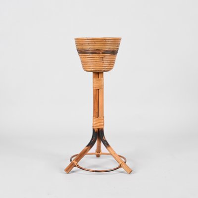 Mid-Century Italian Round Bamboo Cane and Rattan Plant Holder, 1950s-JDR-1323642