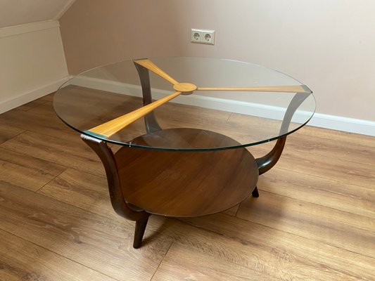 Mid-Century Italian Round Ik Wood and Glass Coffee Table, 1950s-DE-698693