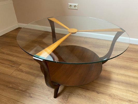 Mid-Century Italian Round Ik Wood and Glass Coffee Table, 1950s-DE-698693