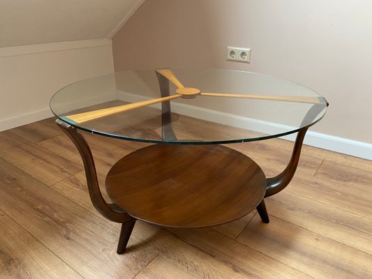 Mid-Century Italian Round Ik Wood and Glass Coffee Table, 1950s-DE-698693