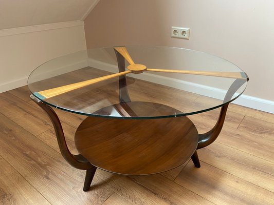 Mid-Century Italian Round Ik Wood and Glass Coffee Table, 1950s-DE-698693