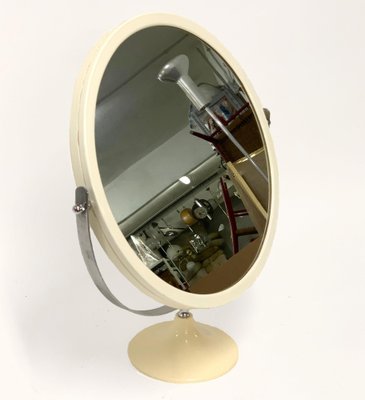 Mid-Century Italian Round Metal and White Plastic Table Mirror, Italy, 1980s-JDR-1126100