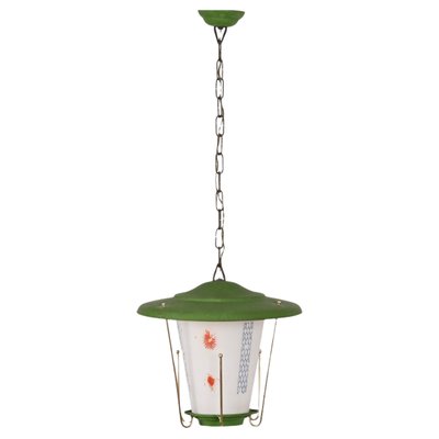 Mid-Century Italian Round Opaline Glass and Brass Green Lantern Chandelier, 1950s-JDR-1407794