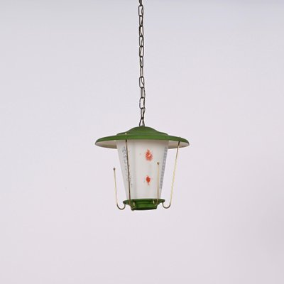 Mid-Century Italian Round Opaline Glass and Brass Green Lantern Chandelier, 1950s-JDR-1407794