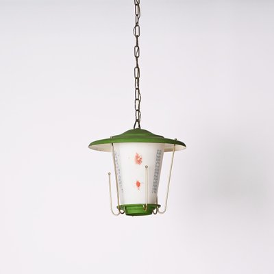 Mid-Century Italian Round Opaline Glass and Brass Green Lantern Chandelier, 1950s-JDR-1407794