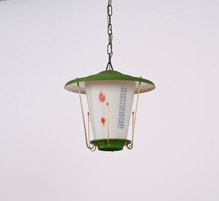 Mid-Century Italian Round Opaline Glass and Brass Green Lantern Chandelier, 1950s-JDR-1407794