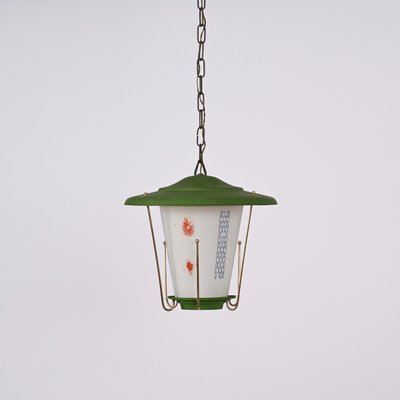 Mid-Century Italian Round Opaline Glass and Brass Green Lantern Chandelier, 1950s-JDR-1407794