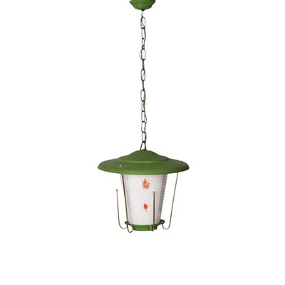 Mid-Century Italian Round Opaline Glass and Brass Green Lantern Chandelier, 1950s-JDR-1407794