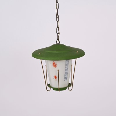 Mid-Century Italian Round Opaline Glass and Brass Green Lantern Chandelier, 1950s-JDR-1407794