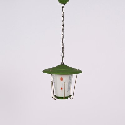 Mid-Century Italian Round Opaline Glass and Brass Green Lantern Chandelier, 1950s-JDR-1407794