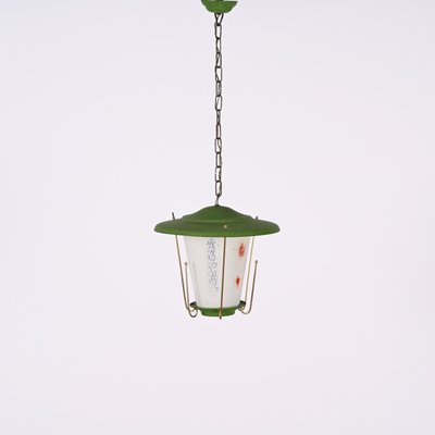 Mid-Century Italian Round Opaline Glass and Brass Green Lantern Chandelier, 1950s-JDR-1407794