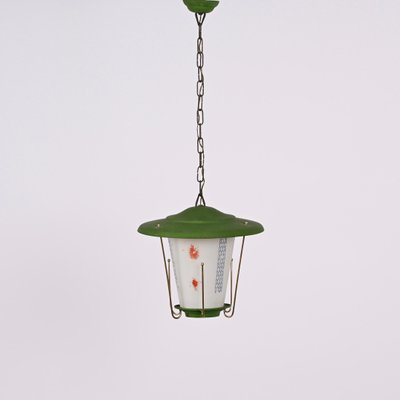 Mid-Century Italian Round Opaline Glass and Brass Green Lantern Chandelier, 1950s-JDR-1407794