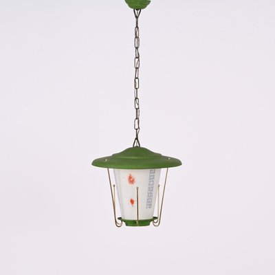 Mid-Century Italian Round Opaline Glass and Brass Green Lantern Chandelier, 1950s-JDR-1407794