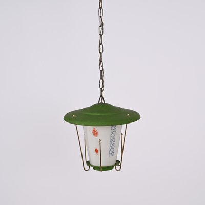 Mid-Century Italian Round Opaline Glass and Brass Green Lantern Chandelier, 1950s-JDR-1407794