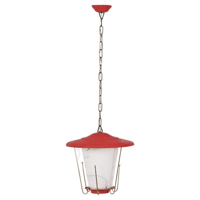 Mid-Century Italian Round Opaline Glass and Brass Red Lantern Chandelier, 1950s-JDR-1407795