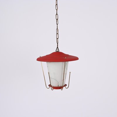 Mid-Century Italian Round Opaline Glass and Brass Red Lantern Chandelier, 1950s-JDR-1407795