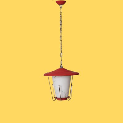 Mid-Century Italian Round Opaline Glass and Brass Red Lantern Chandelier, 1950s-JDR-1407795