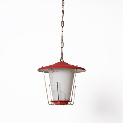 Mid-Century Italian Round Opaline Glass and Brass Red Lantern Chandelier, 1950s-JDR-1407795