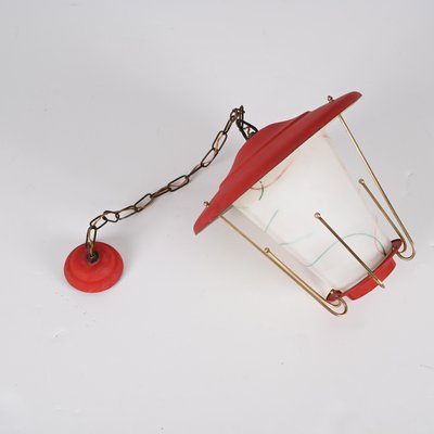 Mid-Century Italian Round Opaline Glass and Brass Red Lantern Chandelier, 1950s-JDR-1407795