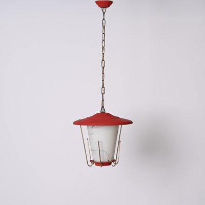 Mid-Century Italian Round Opaline Glass and Brass Red Lantern Chandelier, 1950s-JDR-1407795