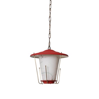 Mid-Century Italian Round Opaline Glass and Brass Red Lantern Chandelier, 1950s-JDR-1407795