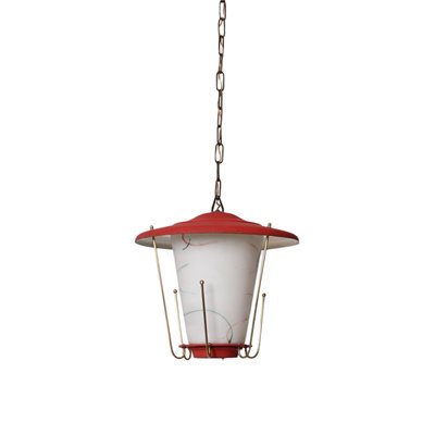 Mid-Century Italian Round Opaline Glass and Brass Red Lantern Chandelier, 1950s-JDR-1407795