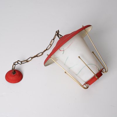 Mid-Century Italian Round Opaline Glass and Brass Red Lantern Chandelier, 1950s-JDR-1407795