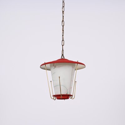 Mid-Century Italian Round Opaline Glass and Brass Red Lantern Chandelier, 1950s-JDR-1407795