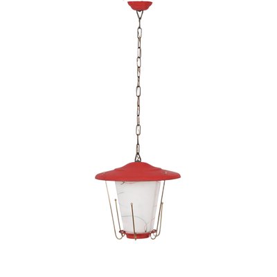 Mid-Century Italian Round Opaline Glass and Brass Red Lantern Chandelier, 1950s-JDR-1407795