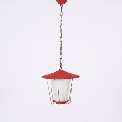 Mid-Century Italian Round Opaline Glass and Brass Red Lantern Chandelier, 1950s-JDR-1407795