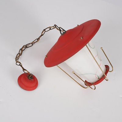 Mid-Century Italian Round Opaline Glass and Brass Red Lantern Chandelier, 1950s-JDR-1407795