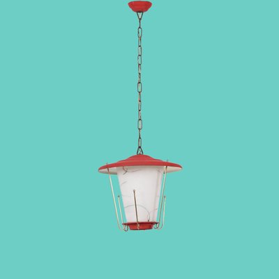 Mid-Century Italian Round Opaline Glass and Brass Red Lantern Chandelier, 1950s-JDR-1407795