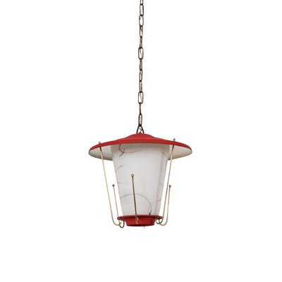 Mid-Century Italian Round Opaline Glass and Brass Red Lantern Chandelier, 1950s-JDR-1407795