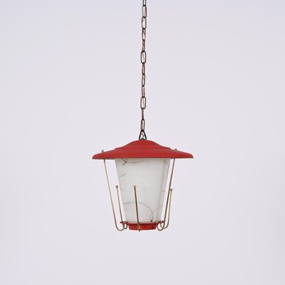 Mid-Century Italian Round Opaline Glass and Brass Red Lantern Chandelier, 1950s-JDR-1407795