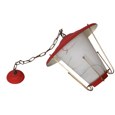 Mid-Century Italian Round Opaline Glass and Brass Red Lantern Chandelier, 1950s-JDR-1407795