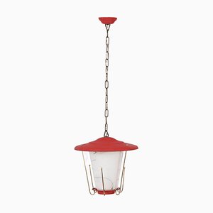 Mid-Century Italian Round Opaline Glass and Brass Red Lantern Chandelier, 1950s-JDR-1407795