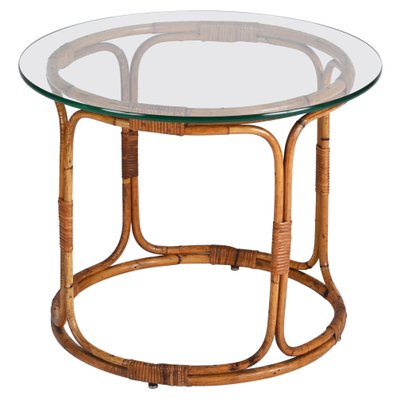 Mid-Century Italian Round Rattan & Bamboo Coffee Table with Glass Shelf, 1960s-JDR-1444445