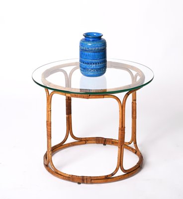 Mid-Century Italian Round Rattan & Bamboo Coffee Table with Glass Shelf, 1960s-JDR-1444445