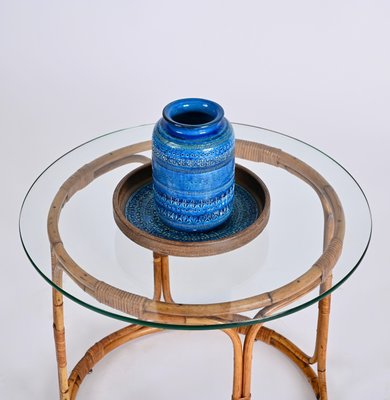 Mid-Century Italian Round Rattan & Bamboo Coffee Table with Glass Shelf, 1960s-JDR-1444445