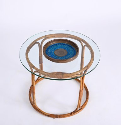 Mid-Century Italian Round Rattan & Bamboo Coffee Table with Glass Shelf, 1960s-JDR-1444445