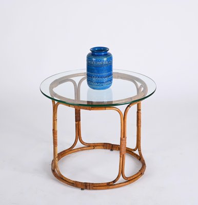 Mid-Century Italian Round Rattan & Bamboo Coffee Table with Glass Shelf, 1960s-JDR-1444445